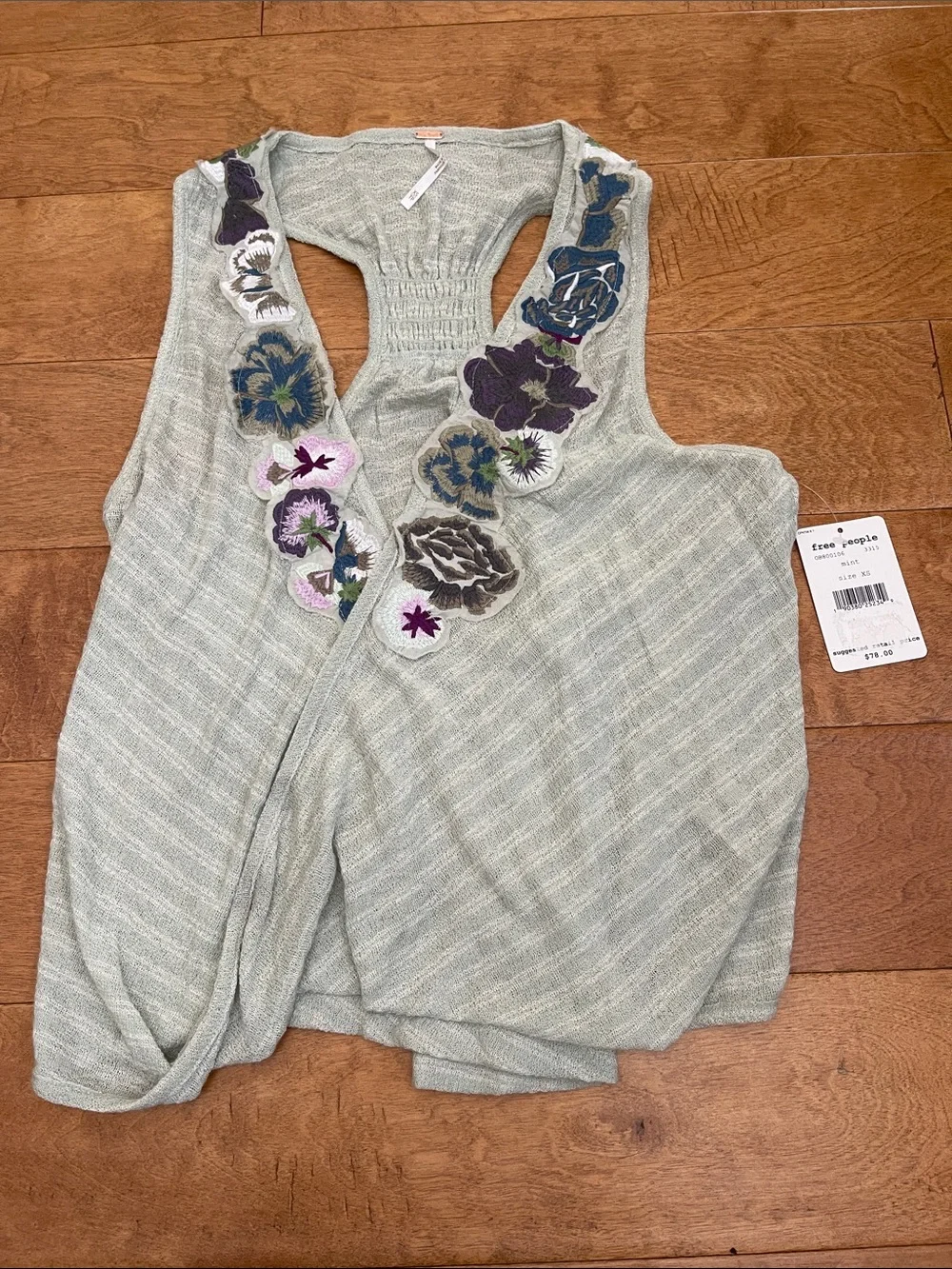 NWT Free People Sage Green Floral Appliqué Tank